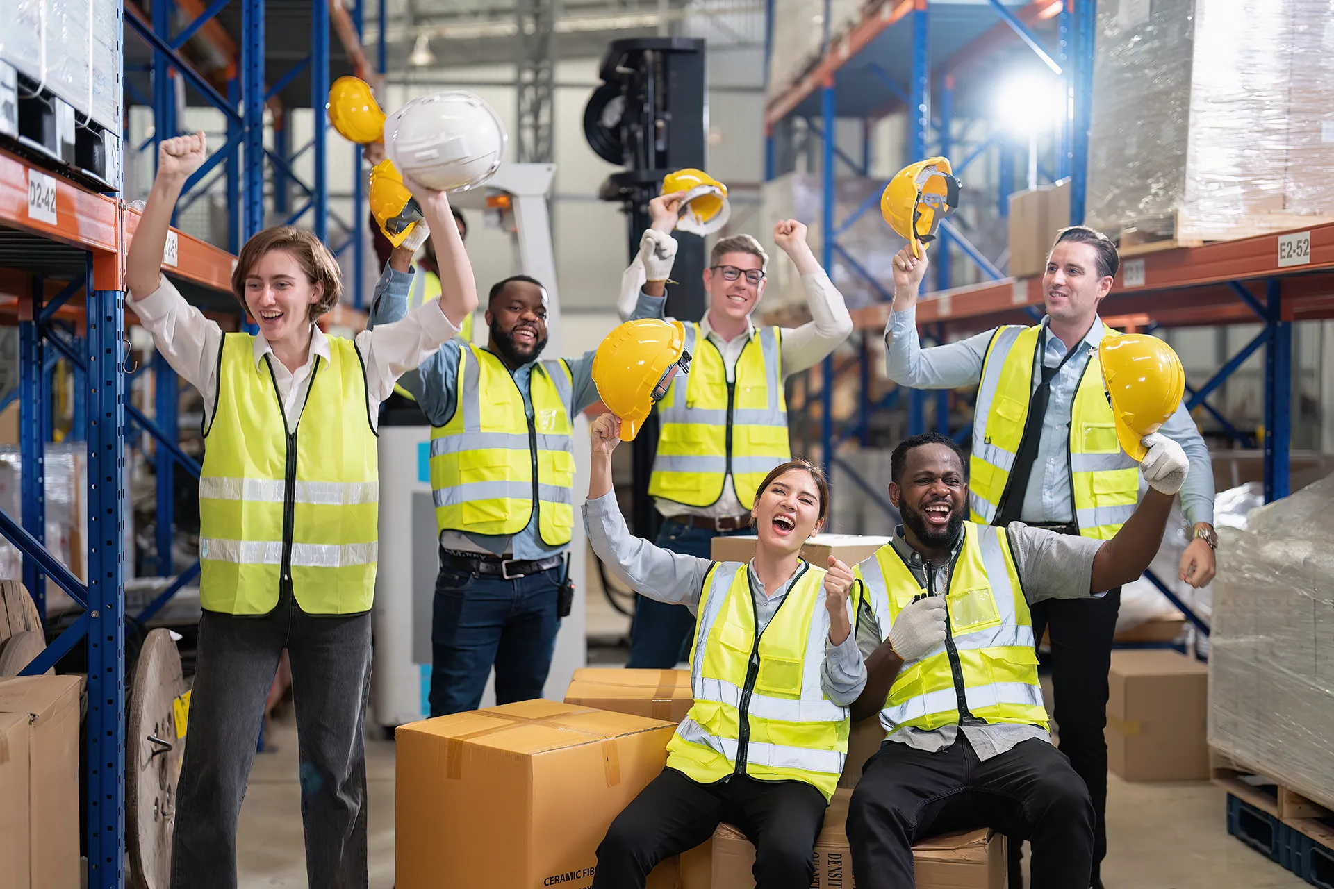 Distribution team in a warehouse smiling